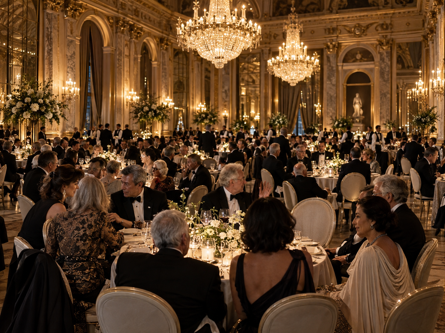 Invitados con vestidos de noche y esmoquin en una cena de gala en un salón palaciego.