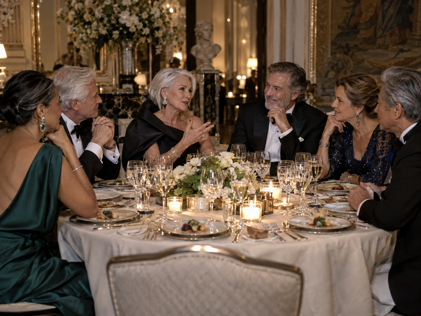 Seis personas vestidas de gala conversan alrededor de una mesa elegante.