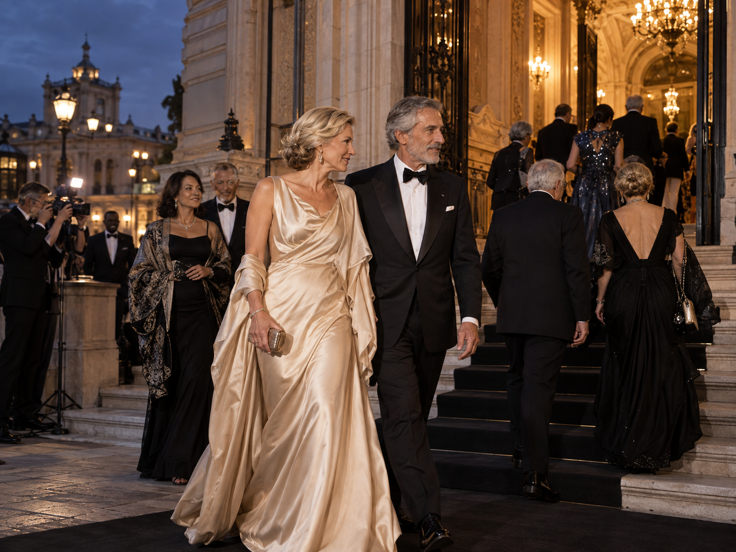 Invitados con vestidos largos y esmoquin llegan a un edificio histórico al anochecer.