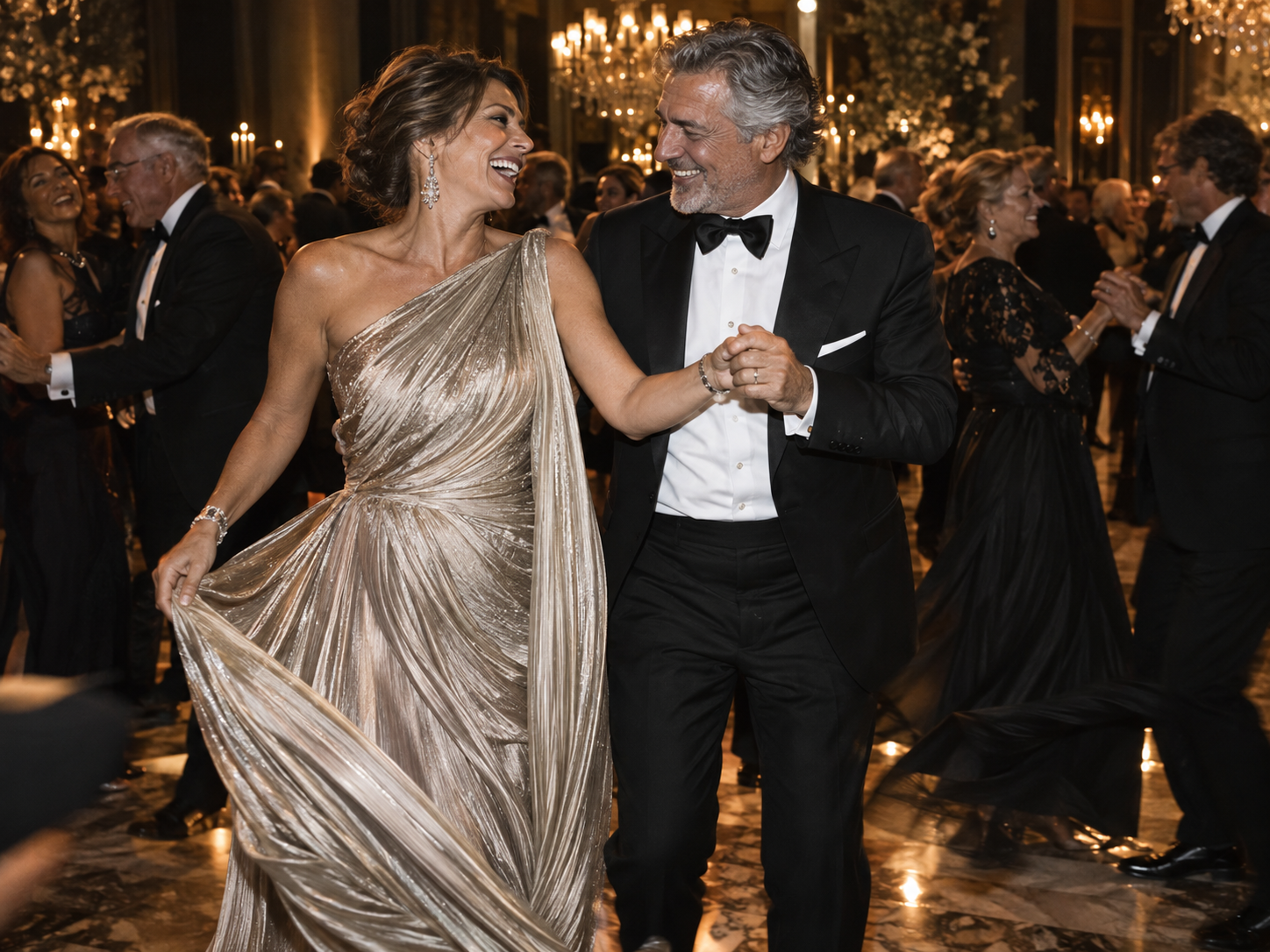 Parejas con vestidos largos y esmoquin bailan en una fiesta de gala.