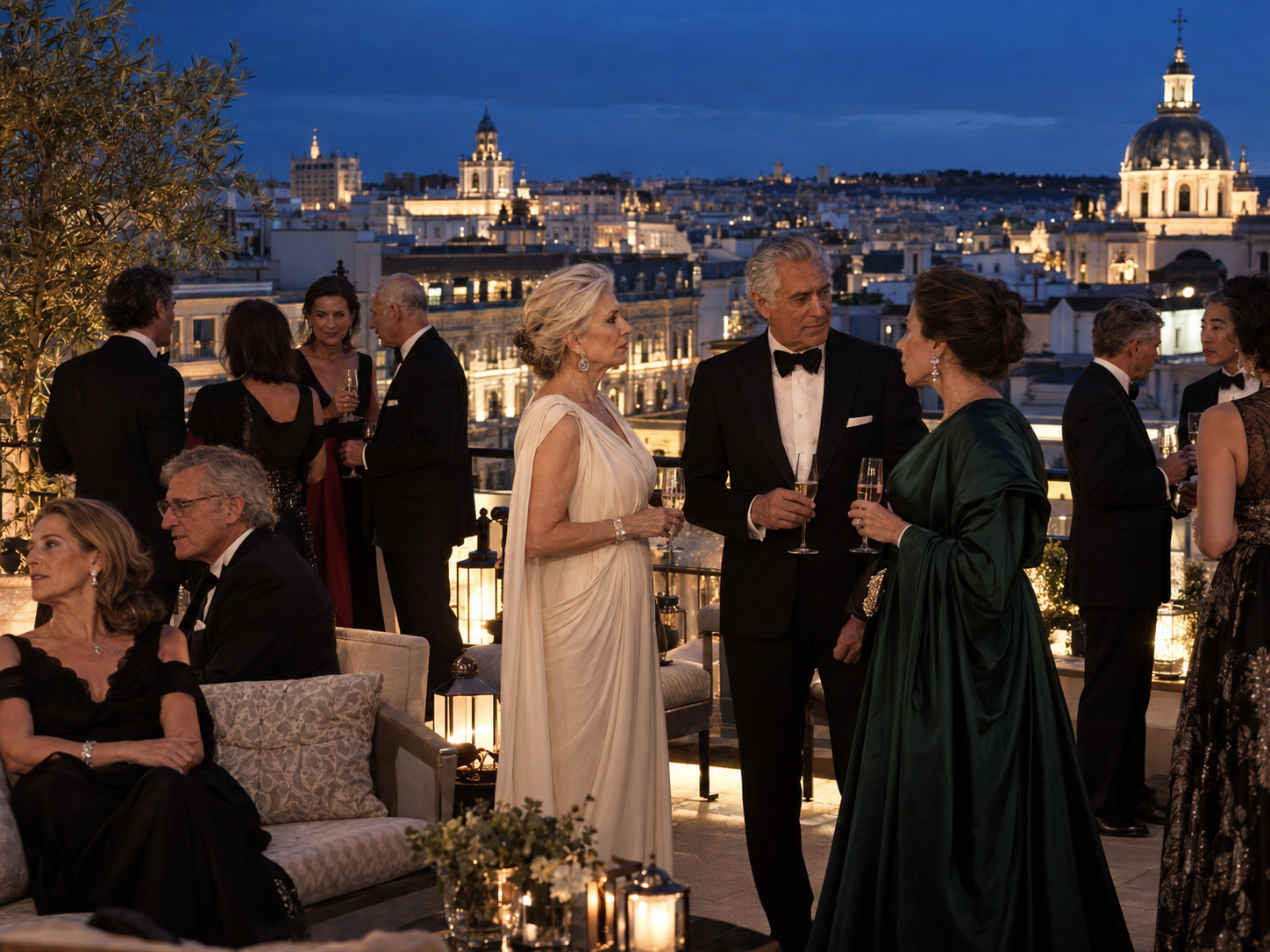 Invitados vestidos de gala conversan en una terraza con vistas nocturnas de Madrid.
