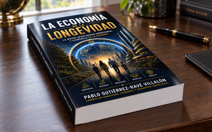 Portada de La Economía de la Longevidad, de Pablo Gutiérrez-Ravé Villalón, sobre un escritorio