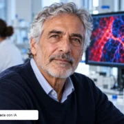Ilustración editorial generada con IA de un hombre de unos 65 años en un entorno de investigación y una visualización conceptual de microvasos al fondo.