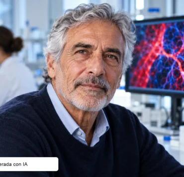 Ilustración editorial generada con IA de un hombre de unos 65 años en un entorno de investigación y una visualización conceptual de microvasos al fondo.