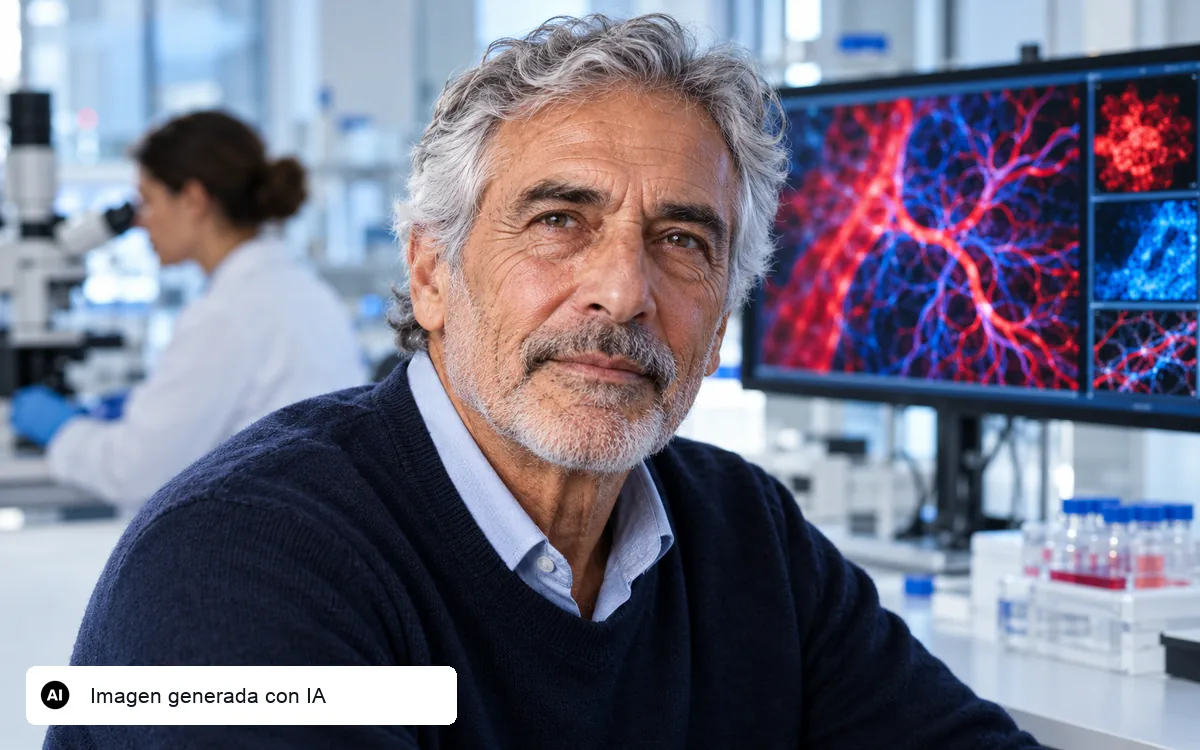 Ilustración editorial generada con IA de un hombre de unos 65 años en un entorno de investigación y una visualización conceptual de microvasos al fondo.