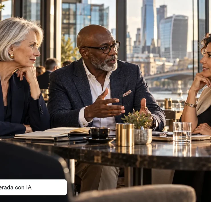 Ilustración editorial generada con IA de profesionales mayores de 50 años conversando en un café urbano.