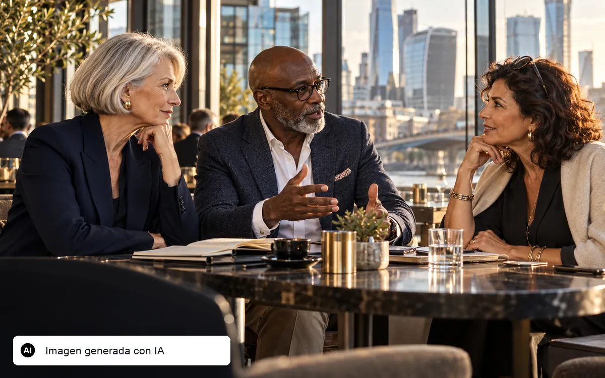 Ilustración editorial generada con IA de profesionales mayores de 50 años conversando en un café urbano.