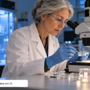 Ilustración editorial generada con IA de una investigadora trabajando con un microscopio en un laboratorio de biología del envejecimiento.