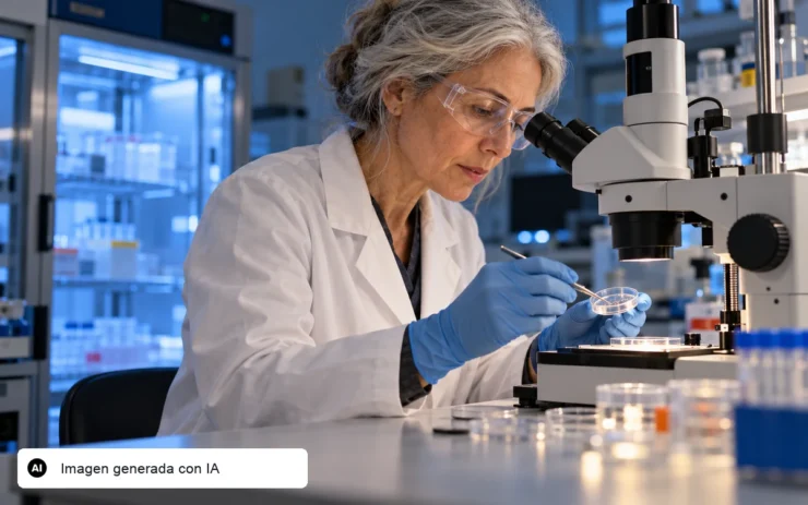 Ilustración editorial generada con IA de una investigadora trabajando con un microscopio en un laboratorio de biología del envejecimiento.