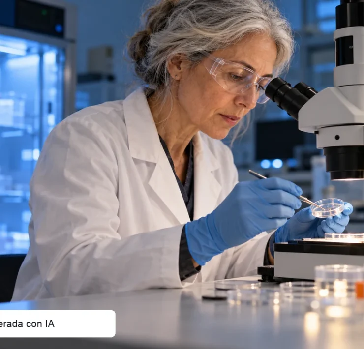 Ilustración editorial generada con IA de una investigadora trabajando con un microscopio en un laboratorio de biología del envejecimiento.