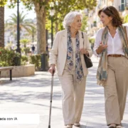 Ilustración editorial generada con IA de una mujer mayor caminando con autonomía por una calle accesible junto a otra mujer.