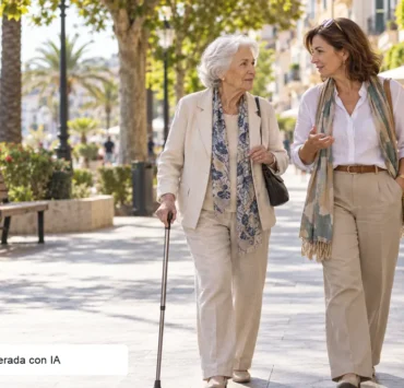 Ilustración editorial generada con IA de una mujer mayor caminando con autonomía por una calle accesible junto a otra mujer.