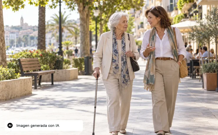 Ilustración editorial generada con IA de una mujer mayor caminando con autonomía por una calle accesible junto a otra mujer.