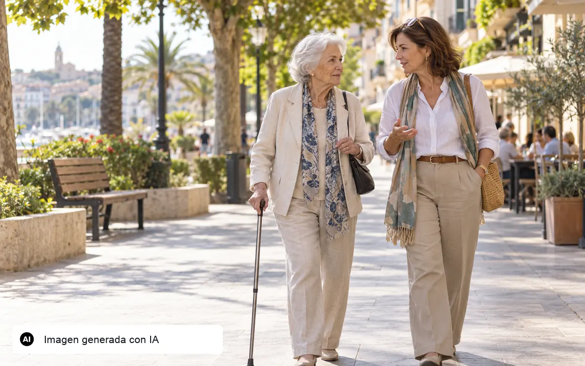 Ilustración editorial generada con IA de una mujer mayor caminando con autonomía por una calle accesible junto a otra mujer.